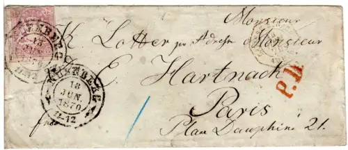 Bayern 1870, 12 Kr. lila (Mängel oben) auf PD Brief v. Nürnberg n. Frankreich