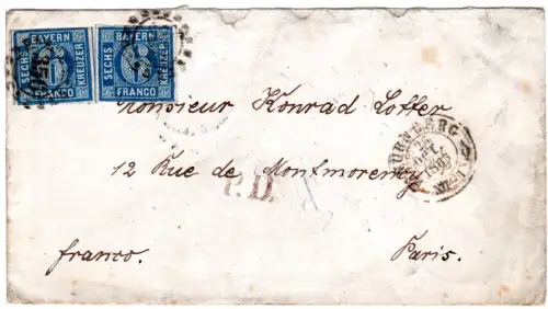 Bayern 1865, 2x6 Kr. auf PD Brief (oben Öffnungsmangel) v Nürnberg n. Frankreich