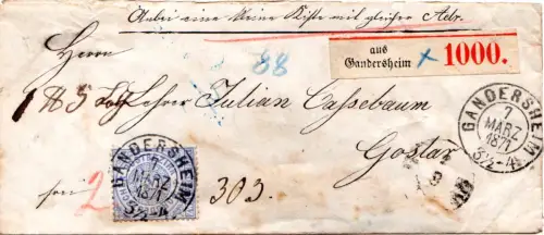 NDP 1871, 2 Gr. auf Paketbrief n. Goslar m. Paketzettel aus Gandersheim