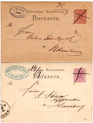DR 1880/83, 2 Ganzsachen m. Firmenstempeln u. je hds. Entwertung v. Brake