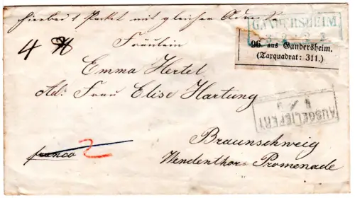 Braunschweig, R2 Gandersheim auf Paket Brief m. Taxquadrat-Zettel