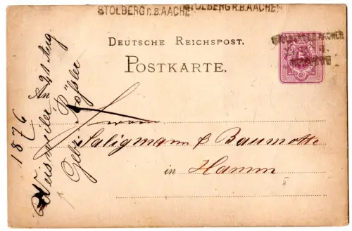 DR 1876, Stations-L1 STOLBERG R.B. AACHEN auf 5 Pf. Ganzsache m. Bahnpost-L3 