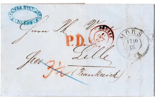 Preussen 1866, K2 MÖRS auf Franko Brief m. rotem PD  n. Frankreich 