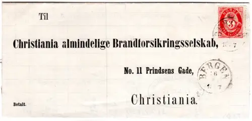 Norwegen 1877, 3 Sk. auf Brief v. Bergen an d. Christiania Brandforsikring