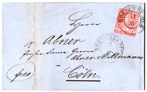 NDP 1870, 1 Gr. auf Brief m. nachverwendetem Preussen-K2 Grevenbroich n. Köln.