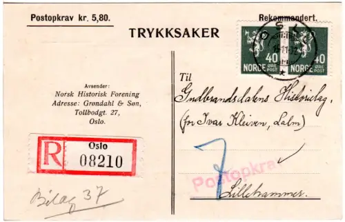 Norwegen 1932, Paar 40 öre auf Einschreiben Drucksache-Nachnahme-Karte v. Oslo