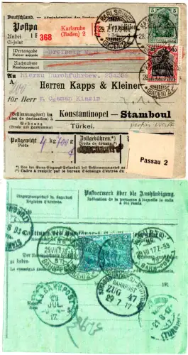 DR 1917, 5+40 Pf. m. perfins + rs. 2 Mk. auf Paketkarte v. Karlsruhe i.d. Türkei