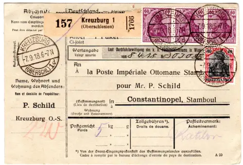 DR 1918, 40+3x60 Pf. Germania auf Wert Paketkarte v. Kreuzberg i.d. Türkei