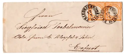 DR 1873, Paar 1/2 Gr. Brustschild auf Brief m. nachverw. Taxis-K2 Friedrichroda