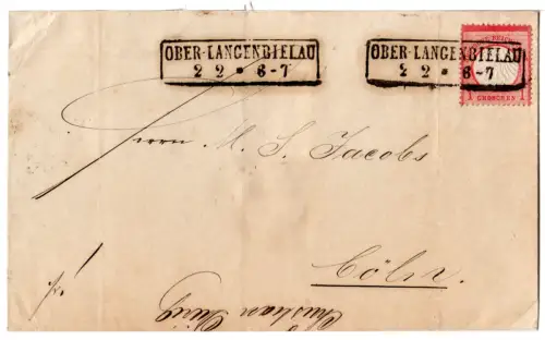 DR 1872, Schlesien-R1 Ober-Langenbielau klar auf Brief m. 1 Gr. Brustschild 