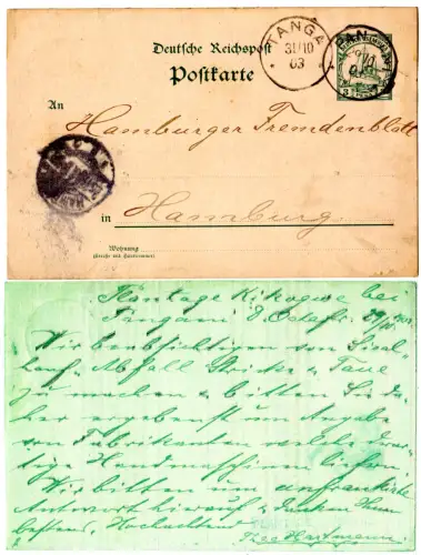 DOA 1903, 3 P. Ganzsache ab Tanga m. rs. Absenderstpl. Plantage Kigogwe