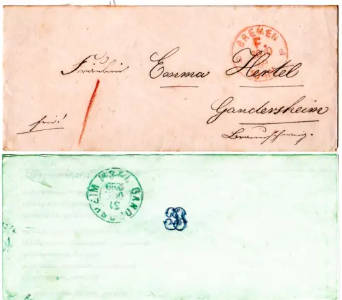 NDP 1869, roter Franco-Stpl. Bremen F.2 klar auf kl. Damen-Brief n. Gandersheim