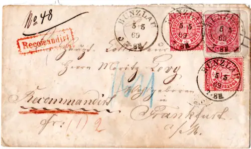 NDP 1869, 2x1 Gr. Zusatzfr. auf überklebter 1 Gr. Reko-Aufbrauchs-Ga v. Bunzlau