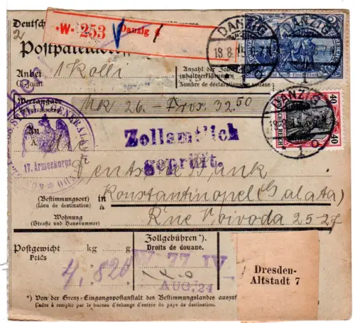 DR 1915, 2 Mk.+40 Pf. Germania auf Wert Paketkarte v. Danzig i.d. Türkei