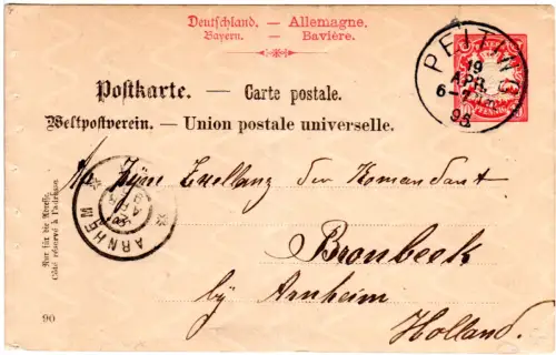 Bayern 1895, K1 Peiting klar auf 10 Pf. Auslands-Ganzsache i.d. NL