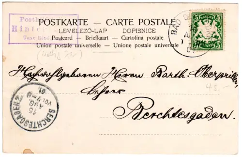 Bayern 1901, Posthilfstelle HINTERSTEIN Taxe Hinelang auf Karte m. 5 Pf.