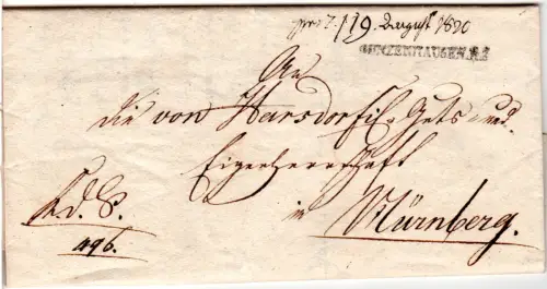 Bayern 1820, L1 Gunzenhausen.R.3 auf 3 Kr. Stempelpapier Brief n. Nürnberg