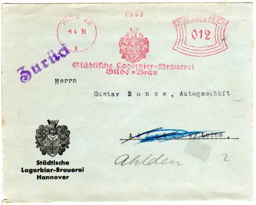 DR 1936, 12 Pf. AFSt. Brauerei Gilde-Bräu auf Brief v. Hannover