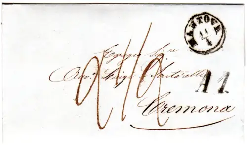 Lombardei 1863, K1 Mantova auf Portobrief n. Cremona Italien m. A1 Transitstpl.