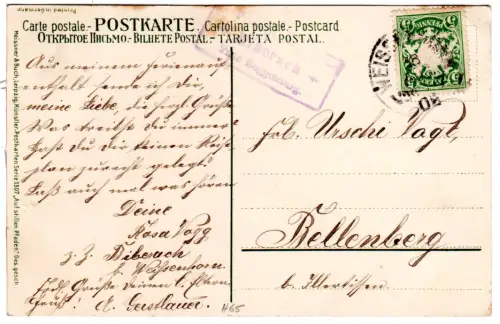 Bayern 1908, R3 Posthilfstelle BIBERACH Taxe Roggenburg auf Karte m. 5 Pf.