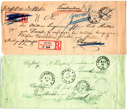 DR 1890, Reko Nachsende-/Retourbrief v. Zellerfeld m. rs. Klauckestpl. Clausthal
