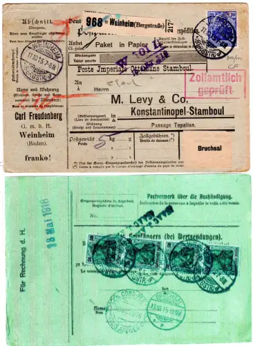 DR 1915, 20 Pf. mit perfin+rs. 4x50 Pf. auf Paketkarte v. Weinheim i.d. Türkei