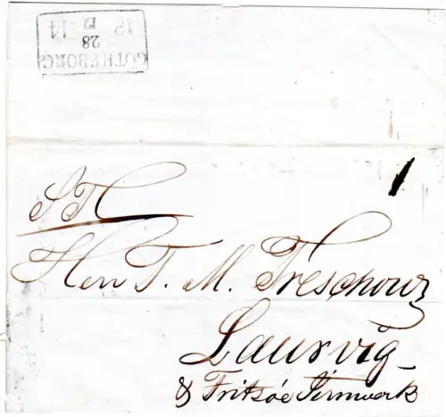 Schweden 1844, R3 GÖTHEBORG rücks. auf Brief n. Laurvig Norwegen