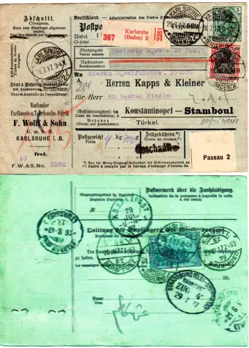 DR 1917, 5+40 Pf.+rs. 2 Mk je mit perfin auf Paketkarte v. Karlsruhe i.d. Türkei