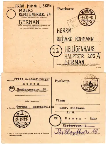 1945, Moers, 6 Pf. Not Ganzsache u. Karte m. Gebühr bezahlt