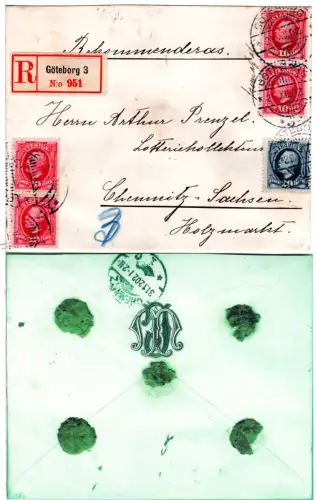 Schweden 1902, 20+4x10 öre auf Einschreiben v. Göteborg n. Deutschland
