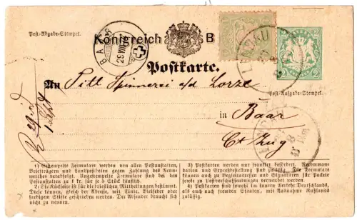 Bayern 1874, 1 Kr. Zusatzfrankatur auf 2 Kr. Ganzsache v. Lindau i.d. Schweiz