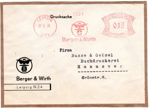 DR 1935, 15 Pf. AFSt. Berger & Wirth m. Abb. Eule auf Drucksache-Adr. v. Leipzig