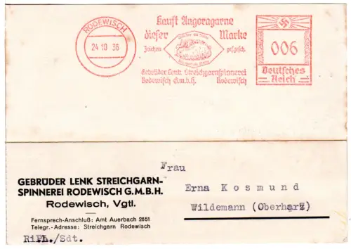 DR 1936, 6 Pf. AFSt. Gebr. Lenk Kauft Angoragarne m. Abb. auf Karte v. Rodewisch
