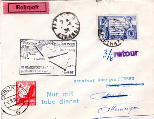 Frankreich 1938, 1,75 Fr. u. DR 10 Pf. auf Flugbrief v. Paris m. Berlin Rohrpost