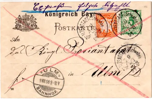 Bayern 1898, 25 Pf. Zusatzfr. auf 5 Pf. Ganzsache per Eilboten v. Altenstadt