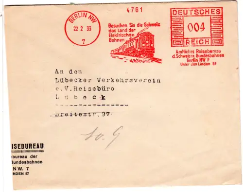 DR 1933, 4 Pf AFSt. Schweiz das Land der Elekrtischen Bahnen auf Brief v. Berlin