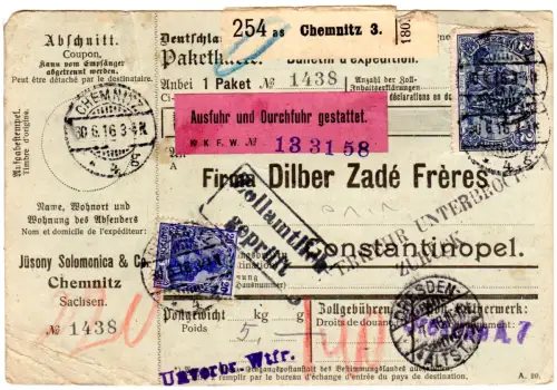 DR 1916, 2 Mk+20 Pf. auf Paketkarte v. Chemnitz i.d. Türkei m. Ausfuhretikett