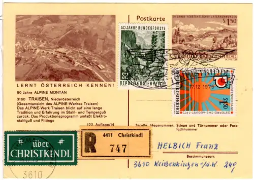 Österreich 1975, Christkindl, Einschreiben Karte m. Zusatzfr. u. grünem Etikett 