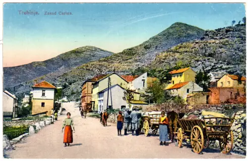 Bosnien, Trebinje Zasad Carina m. Pferdegespann u. Personen, ungebr. Farb-AK