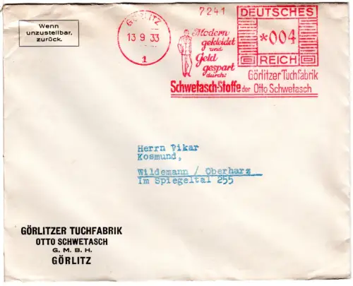 DR 1933, 4 Pf. AFSt. Tuchfabrik Swetasch-Stoffe auf Firmen Brief v. Görlitz