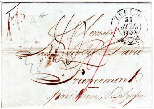 Schweiz 1834, K2 Zürich auf Teilfranko Brief "fco fft" nach Belgien