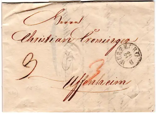 Bayern 1833, Fingerhutstpl. Würzburg klar auf Porto Brief n. Uffenheim