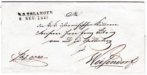 Bayern 1818, L2 R.3. Erlangen klar auf schönem Brief n. Weissendorf