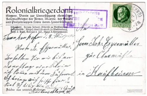 Bayern 1915, Posthilfstelle FRANKENHOFEN Taxe Schlingen Schw. auf Karte m. 5 Pf.