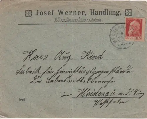 Bayern 1911, K2 MECKENHAUSEN auf Firmen-Vordruck Brief m. 10 Pf.