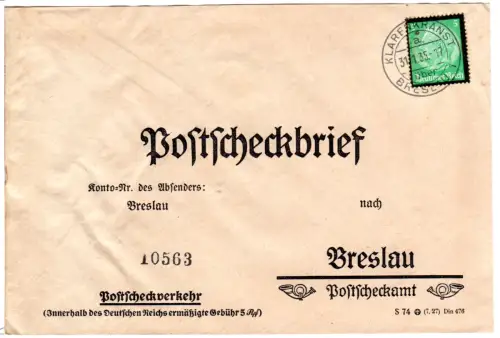 DR 1935, 5 Pf. auf Postscheckbrief v. Klarenkranst über Breslau, heutiges Polen.