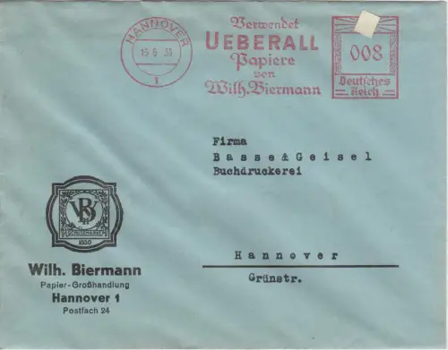 DR 1936, 8 Pf. AFSt. Überall Papiere v. Wilh. Biermann auf Brief v. Hannover