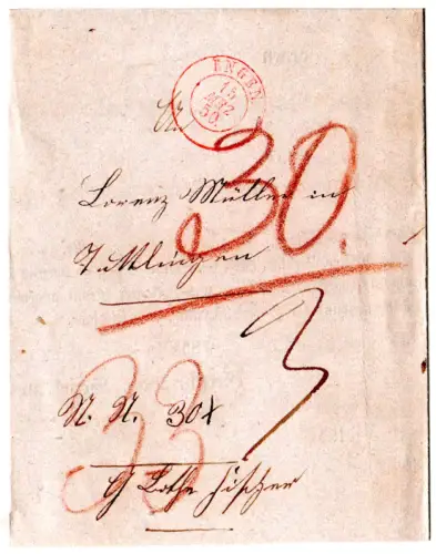 Baden 1850, roter K2 Engen auf Nachnahme Brief n. Tuttlingen