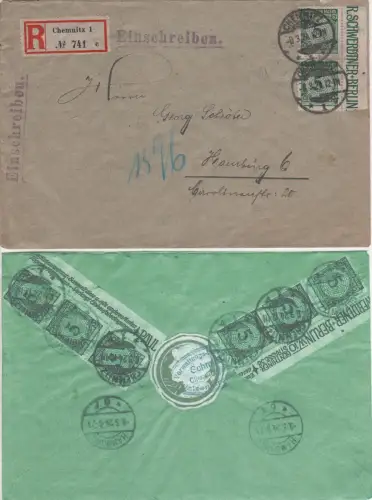 DR 1924, MeF 8x5 Pf. je m. Bogenrand vorder- u. rs. auf Reko Brief v. Chemnitz