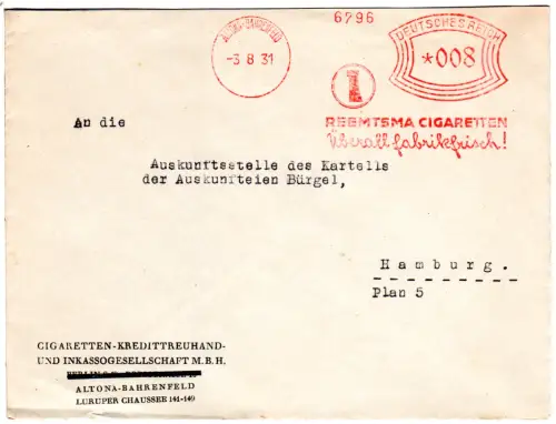 DR 1931, 8 Pf. AFSt. Reemtsma Cigaretten auf Firmen Brief v. Altona-Bahrenfeld